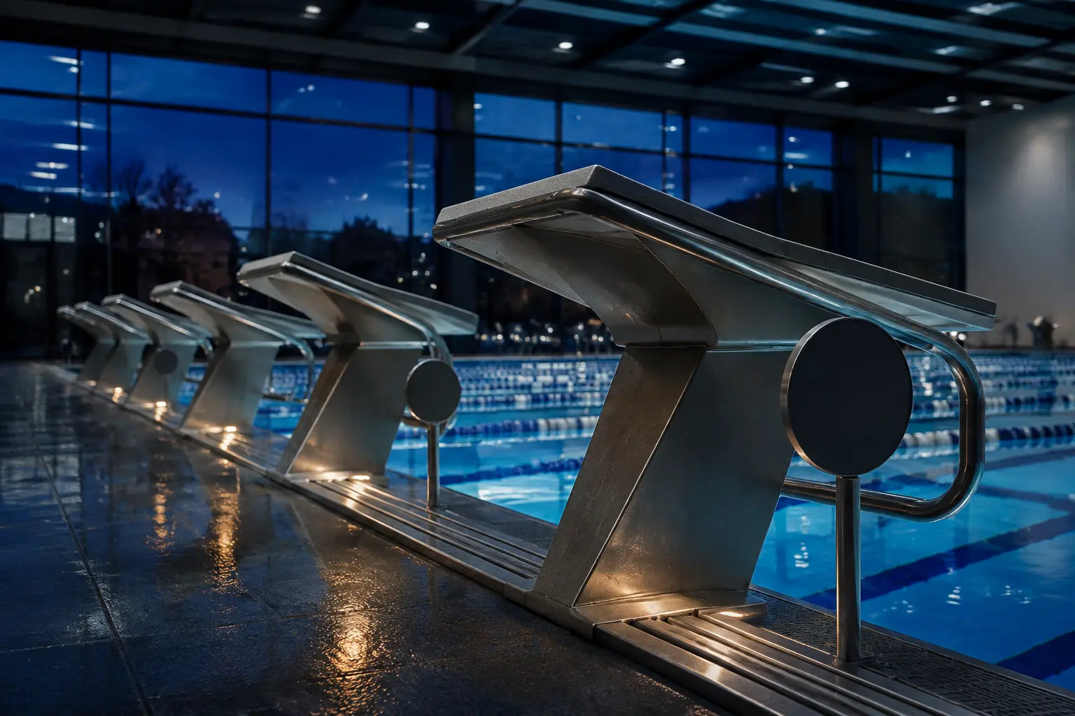 Competition pool starting blocks aligned beside illuminated lanes at dusk